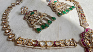 Green Long Victorian Stone Bridal Necklace Set | Moissanite Polki Kundan Necklace | Indian Wedding Jewelry | Statement Necklace - Anna