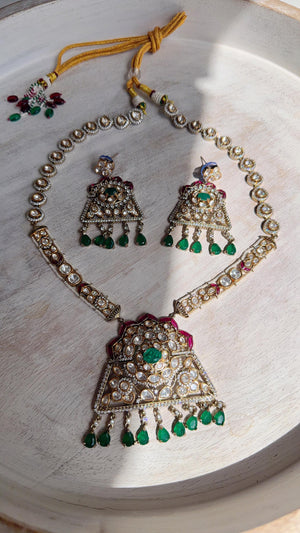 Green Long Victorian Stone Bridal Necklace Set | Moissanite Polki Kundan Necklace | Indian Wedding Jewelry | Statement Necklace - Anna