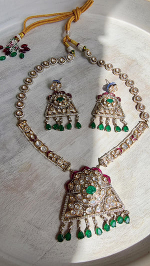 Green Long Victorian Stone Bridal Necklace Set | Moissanite Polki Kundan Necklace | Indian Wedding Jewelry | Statement Necklace - Anna
