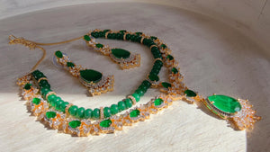 Emerald Green 2 Layer Two-Tone CZ Diamond Necklace Set | Double Strand Bridal Necklace with Matching Earrings - Bella