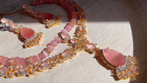 Baby Pink 2 Layer Two-Tone CZ Diamond Necklace Set | Double Strand Bridal Necklace with Matching Earrings - Bella