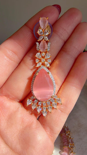 Baby Pink 2 Layer Two-Tone CZ Diamond Necklace Set | Double Strand Bridal Necklace with Matching Earrings - Bella