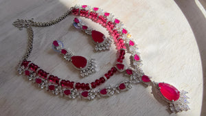 Ruby Rhodium 2 Layer CZ Diamond Necklace Set | Double Strand Bridal Necklace with Matching Earrings - Bella