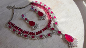 Ruby Rhodium 2 Layer CZ Diamond Necklace Set | Double Strand Bridal Necklace with Matching Earrings - Bella