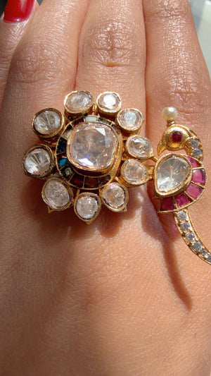 Rumi Navratan Bridal Kundan Moissanite kundan Ring/ Contemporary Diamond Navratna Gold Ring/Gold Bird Moissanite Ring/diamond bridal Ring