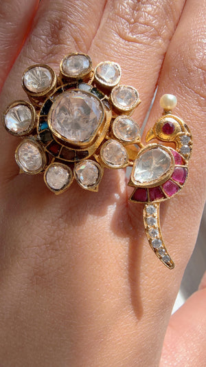 Rumi Navratan Bridal Kundan Moissanite kundan Ring/ Contemporary Diamond Navratna Gold Ring/Gold Bird Moissanite Ring/diamond bridal Ring