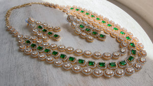 Emerald Green 2 Tone Triple Layer Long Diamond CZ Necklace | Elegant Multi-Layer Cubic Zirconia Necklace | Statement Party & Bridal Jewelry