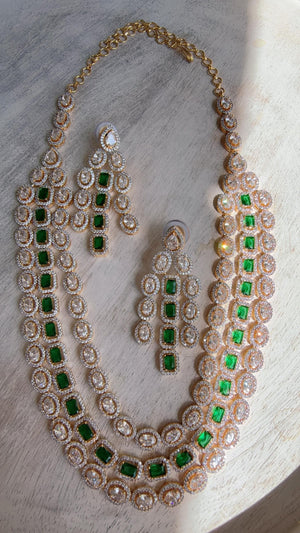 Emerald Green 2 Tone Triple Layer Long Diamond CZ Necklace | Elegant Multi-Layer Cubic Zirconia Necklace | Statement Party & Bridal Jewelry