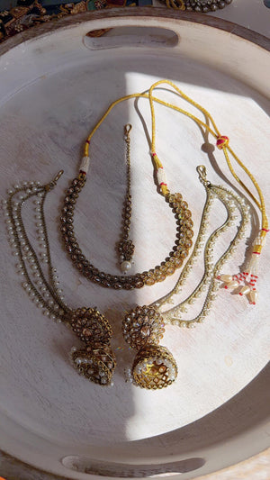 Antique Polki Kundan Mint Necklace Set with Bahubali Jhumka & Maang Tikka | Indian Bridal Jewelry