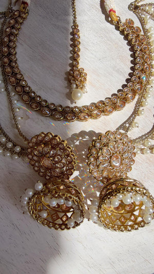 Antique Polki Kundan Mint Necklace Set with Bahubali Jhumka & Maang Tikka | Indian Bridal Jewelry