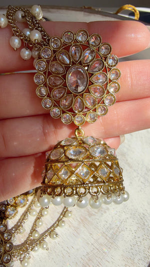 Antique Polki Kundan Mint Necklace Set with Bahubali Jhumka & Maang Tikka | Indian Bridal Jewelry
