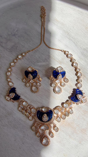 Blue Kundan Diamond Necklace Set | Indian Bridal Wedding Jewelry | Traditional Bridal Statement Necklace