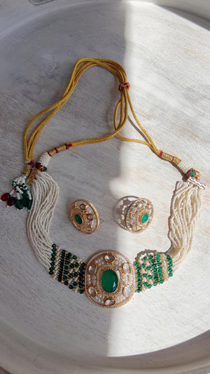 Green Kundan Diamond Necklace Set | Indian Bridal Wedding Jewelry | Traditional Bridal Statement Necklace