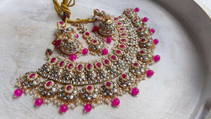 Semi Bridal Rani Pink Kundan Necklace Set with Long Chandbali Earrings and Maang Tikka | Indian Wedding Jewelry | Bridal Jewelry Manpreet