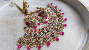 Semi Bridal Rani Pink Kundan Necklace Set with Long Chandbali Earrings and Maang Tikka | Indian Wedding Jewelry | Bridal Jewelry Manpreet