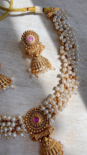 Peacock Pearl Choker Necklace Set | Guttapusalu Temple Jewelry | Rajwadi Antique Gold Indian Bridal Set