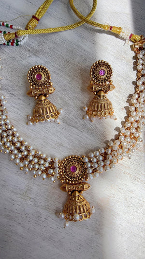 Peacock Pearl Choker Necklace Set | Guttapusalu Temple Jewelry | Rajwadi Antique Gold Indian Bridal Set