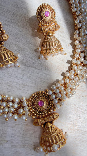 Peacock Pearl Choker Necklace Set | Guttapusalu Temple Jewelry | Rajwadi Antique Gold Indian Bridal Set