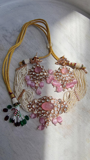 Moissanite Monalisa Turquoise Baby Pink Choker Necklace Set | Kundan Chandbali Bridal Jewelry | Gold Plated Set