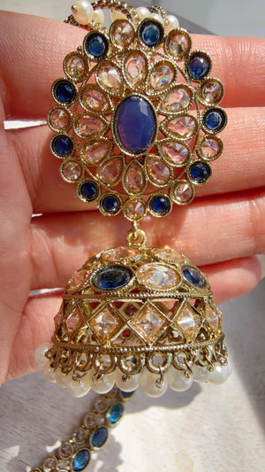 Antique Polki Kundan Blue Necklace Set with Bahubali Jhumka & Maang Tikka | Indian Bridal Jewelry