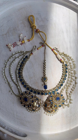 Antique Polki Kundan Blue Necklace Set with Bahubali Jhumka & Maang Tikka | Indian Bridal Jewelry