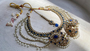 Antique Polki Kundan Blue Necklace Set with Bahubali Jhumka & Maang Tikka | Indian Bridal Jewelry