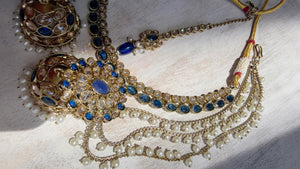 Antique Polki Kundan Blue Necklace Set with Bahubali Jhumka & Maang Tikka | Indian Bridal Jewelry