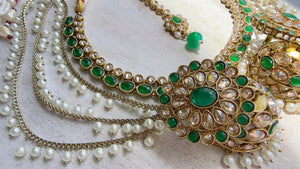 Antique Polki Kundan Green Necklace Set with Bahubali Jhumka & Maang Tikka | Indian Bridal Jewelry