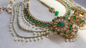 Antique Polki Kundan Green Necklace Set with Bahubali Jhumka & Maang Tikka | Indian Bridal Jewelry