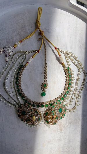 Antique Polki Kundan Green Necklace Set with Bahubali Jhumka & Maang Tikka | Indian Bridal Jewelry