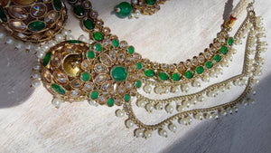 Antique Polki Kundan Green Necklace Set with Bahubali Jhumka & Maang Tikka | Indian Bridal Jewelry