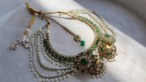 Antique Polki Kundan Green Necklace Set with Bahubali Jhumka & Maang Tikka | Indian Bridal Jewelry
