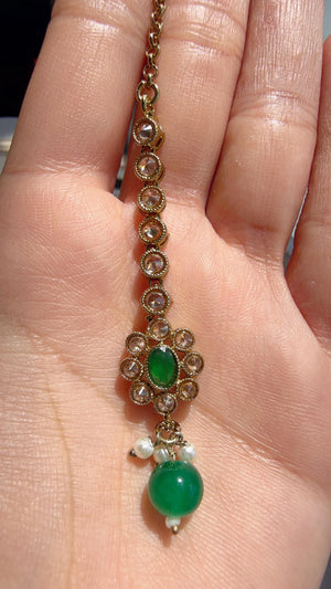 Antique Polki Kundan Green Necklace Set with Bahubali Jhumka & Maang Tikka | Indian Bridal Jewelry