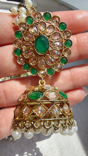 Antique Polki Kundan Green Necklace Set with Bahubali Jhumka & Maang Tikka | Indian Bridal Jewelry