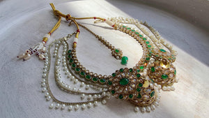 Antique Polki Kundan Green Necklace Set with Bahubali Jhumka & Maang Tikka | Indian Bridal Jewelry