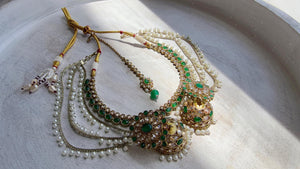 Antique Polki Kundan Green Necklace Set with Bahubali Jhumka & Maang Tikka | Indian Bridal Jewelry