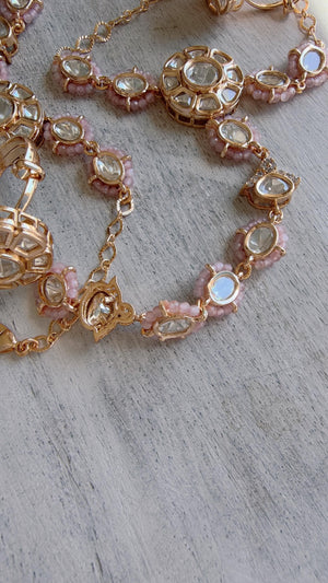 Moissanite Kundan Haath Phool Hath Panja Bracelet Ring Set | Polki Hand Harness | Indian Bridal Jewelry | Baby Pink Hand Jewelry - Bella