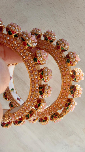 Baby Pink Pearl Rajwadi Pachali Kada Pair | Gold Kundan Bridal Bangles | Emerald Jadau Rajwadi Kada | Indian Wedding Jewelry | Sold As Pair