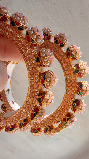Baby Pink Pearl Rajwadi Pachali Kada Pair | Gold Kundan Bridal Bangles | Emerald Jadau Rajwadi Kada | Indian Wedding Jewelry | Sold As Pair