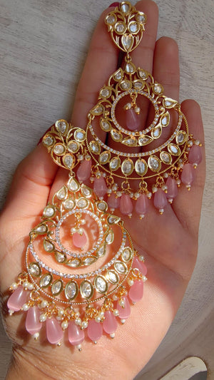Pink Kundan Chandbali Earrings | Gold Plated Polki Earrings | Indian Bridal Jewelry | Wedding Statement Earrings