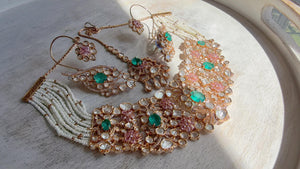 Nupur Sanon Inspired Mint Pink Kundan Choker Necklace Set | Polki Kundan Jewelry with Ear Cuff Earrings & Maang Tikka