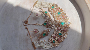 Nupur Sanon Inspired Mint Pink Kundan Choker Necklace Set | Polki Kundan Jewelry with Ear Cuff Earrings & Maang Tikka