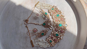 Nupur Sanon Inspired Mint Pink Kundan Choker Necklace Set | Polki Kundan Jewelry with Ear Cuff Earrings & Maang Tikka