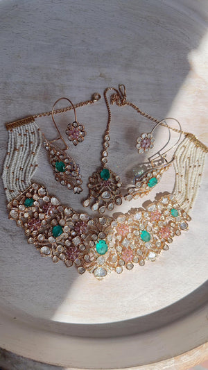 Nupur Sanon Inspired Mint Pink Kundan Choker Necklace Set | Polki Kundan Jewelry with Ear Cuff Earrings & Maang Tikka