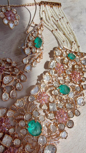 Nupur Sanon Inspired Mint Pink Kundan Choker Necklace Set | Polki Kundan Jewelry with Ear Cuff Earrings & Maang Tikka