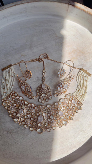 Nupur Sanon Inspired Gold Kundan Choker Necklace Set | Polki Kundan Jewelry with Ear Cuff Earrings & Maang Tikka
