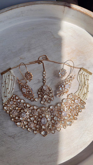 Nupur Sanon Inspired Gold Kundan Choker Necklace Set | Polki Kundan Jewelry with Ear Cuff Earrings & Maang Tikka