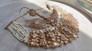 Nupur Sanon Inspired Gold Kundan Choker Necklace Set | Polki Kundan Jewelry with Ear Cuff Earrings & Maang Tikka