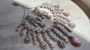 Baby Pink CZ Statement Necklace Set | Silver Tone Indian Bridal Jewelry | Wedding & Reception Necklace