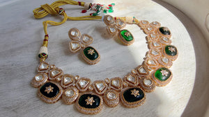 Green Kundan Polki Choker Necklace Set | Gold Finish Statement Choker with Blue Beads | Indian Bridal Jewelry